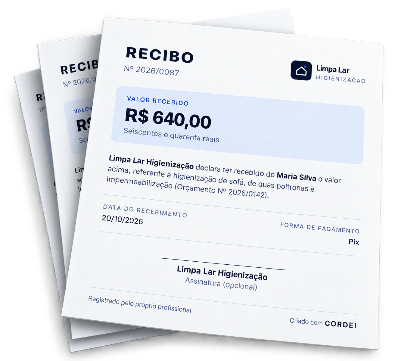 Mockup de recibos CORDEI sobrepostos